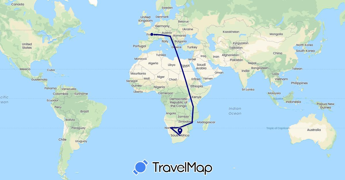 TravelMap itinerary: driving in Botswana, France, Croatia, Mozambique, Namibia, Tanzania, South Africa (Africa, Europe)