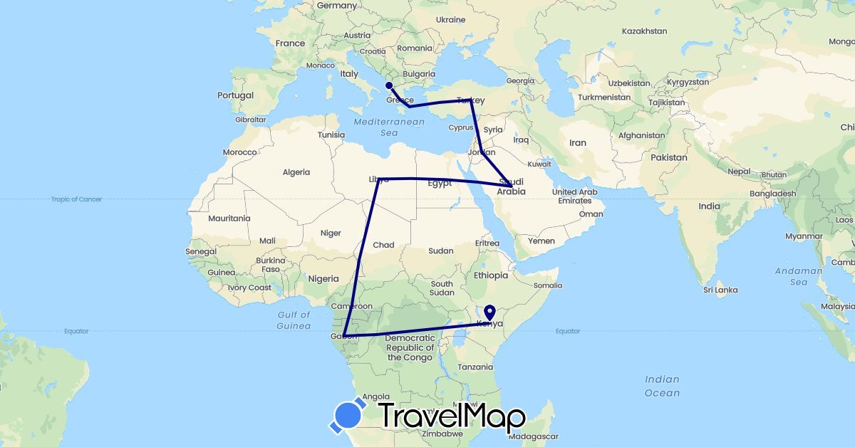 TravelMap itinerary: driving in Albania, Democratic Republic of the Congo, Cameroon, Gabon, Greece, Jordan, Kenya, Libya, Saudi Arabia, Turkey (Africa, Asia, Europe)
